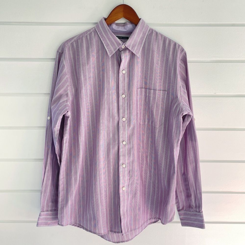Van Heusen Studio Mens Purple & White Striped Slim Fit Button Down Shirt Large